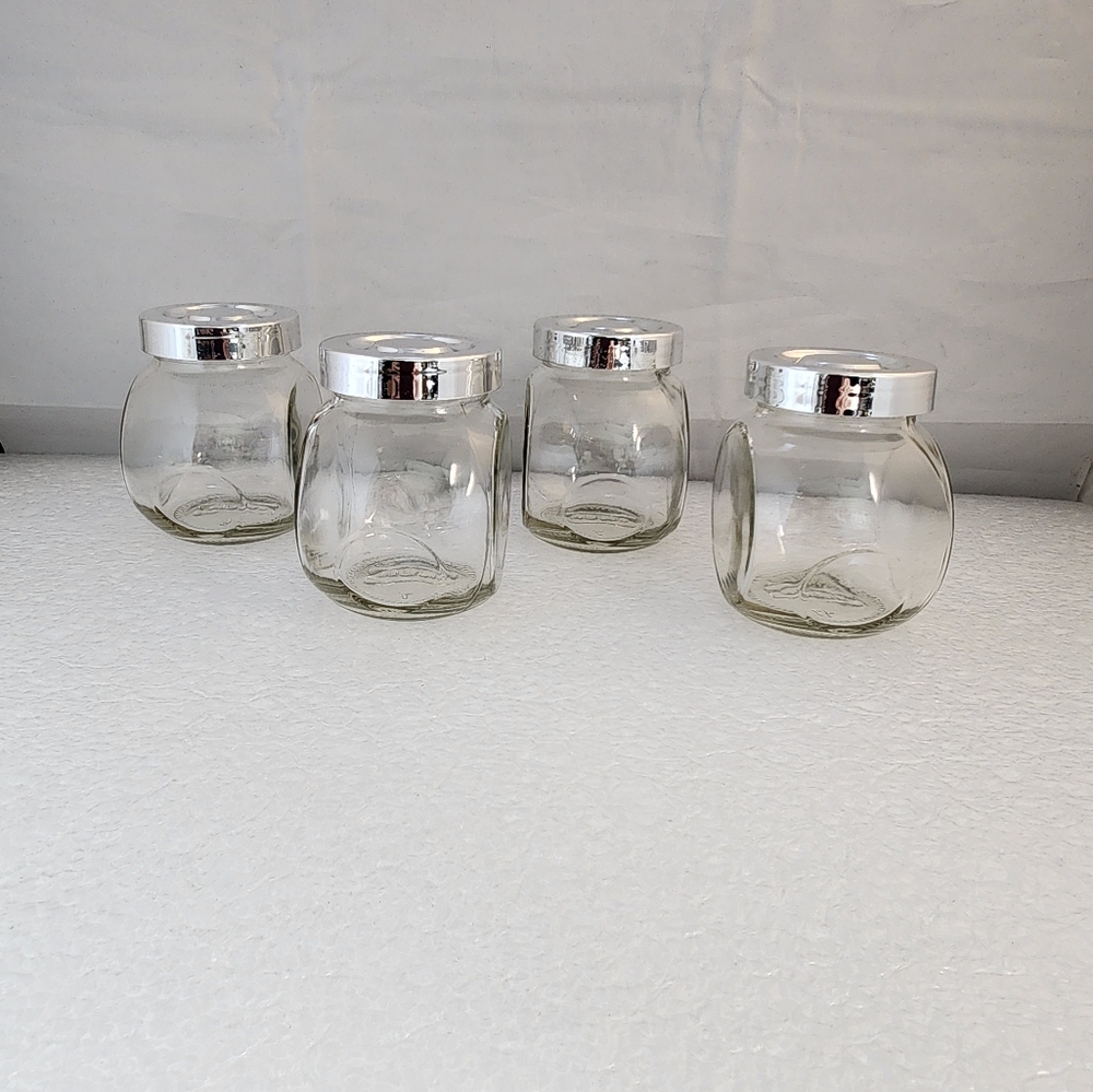 IKEA Spice Jars Set of 4 Clear Glass Silver Tone Lids 5 oz